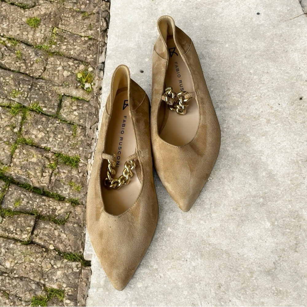 Fabio Rusconi Tan Suede Ballerina pointed flat gold accent made in Italy | 37.5